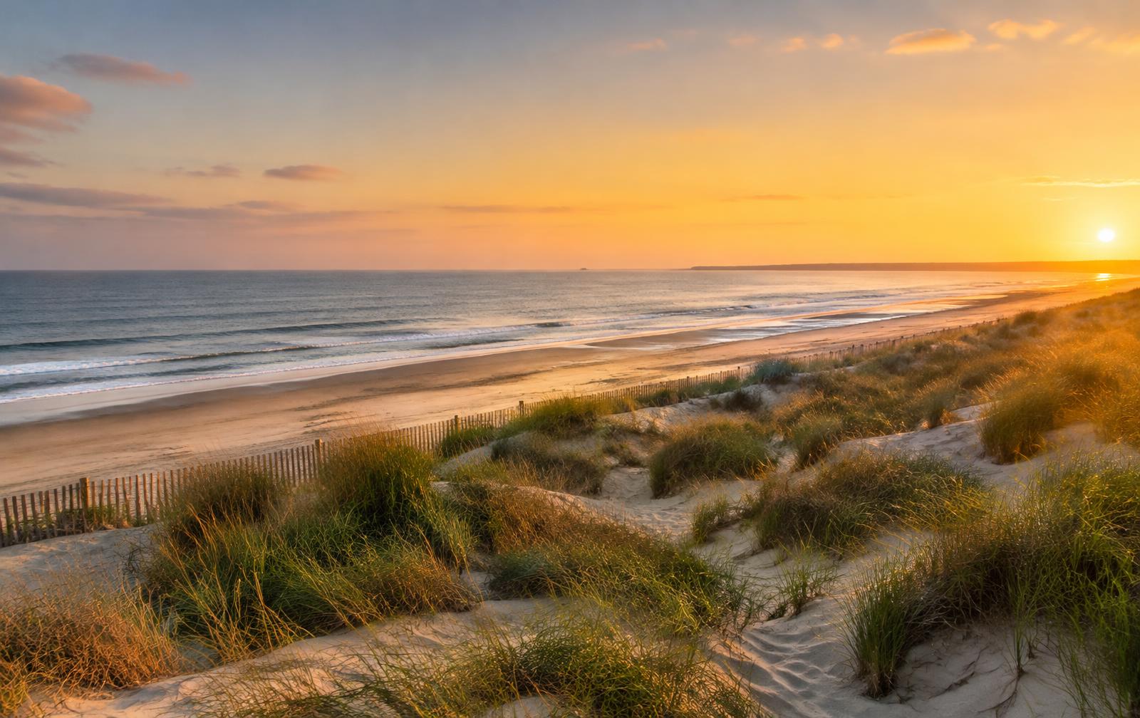 Plage de l'Atlantique bordée de dunes au coucher du soleil